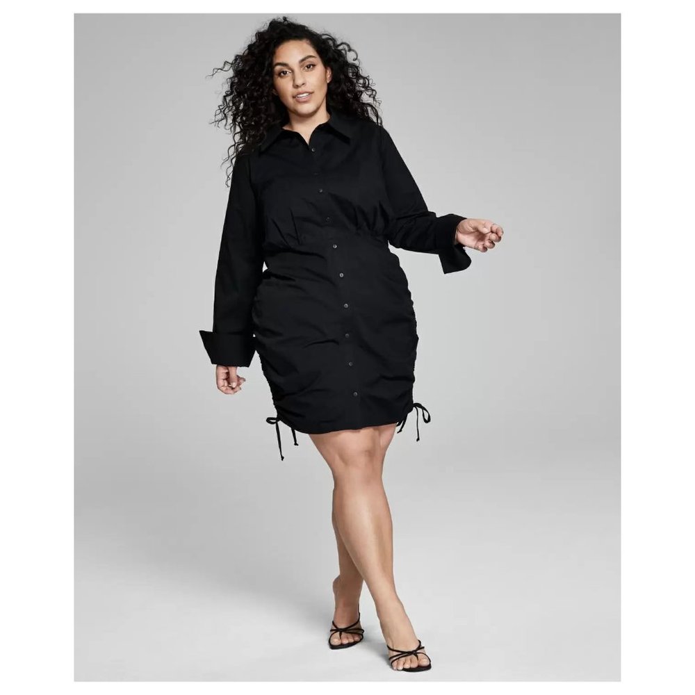 And Now This Trendy Plus Size Ruched Poplin Shirtdress - Black